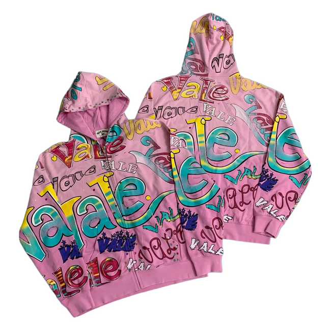 Valley All‑Over Graffiti Print Zip‑Up Hoodie, Unisex Pink Vintage Streetwear Jacket Hover Image