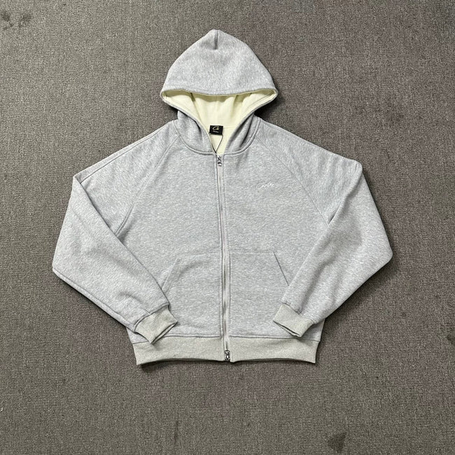 Grey Zip-Up Hoodie | Minimalist Streetwear Hoodie with Contrast Hood Detail Hover Image