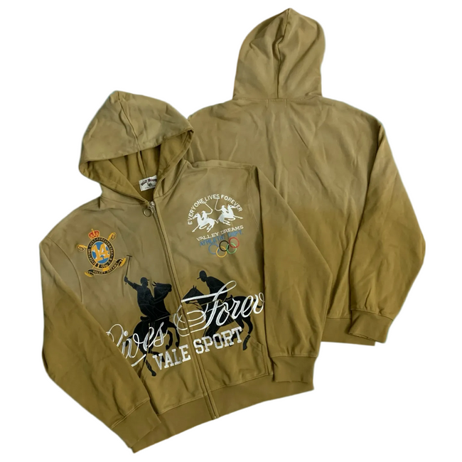 Valé Sport Equestrian Olympic‑Crest Zip‑Up Hoodie, Unisex Khaki Vintage Streetwear Jacket Hover Image