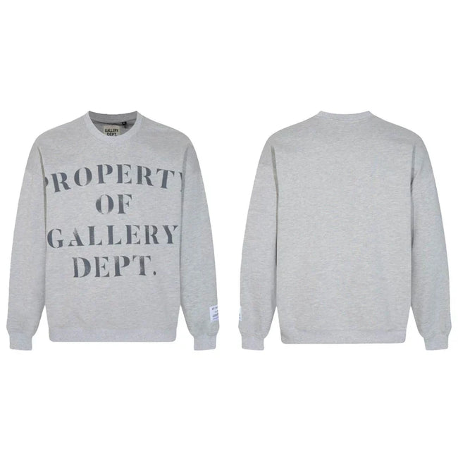 Gallery Dept. Heather Grey Crewneck – “Property Of” Stacked Print Hover Image