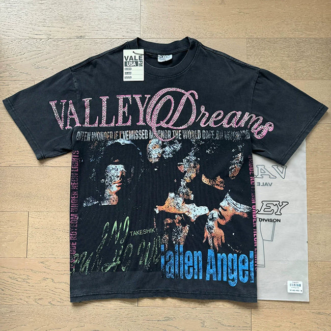 VALEFOREVER Black Washed Valley Dreams Angel Retro Graphic T-Shirt Hover Image