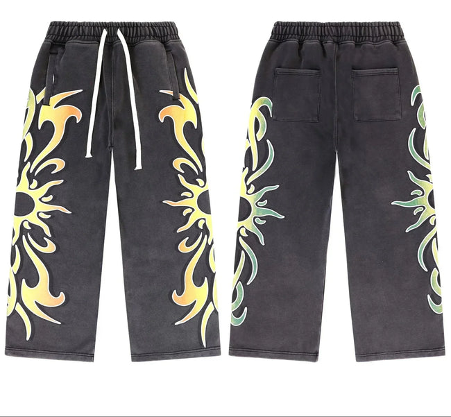 Valleydream Black Washed Tribal Sun Print Wide Leg Sweatpants Hover Image
