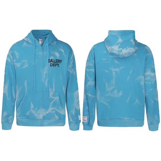 Gallery Dept Blue Marble Tie‑Dye Black Logo Full Zip Up Hoodie Hover Image