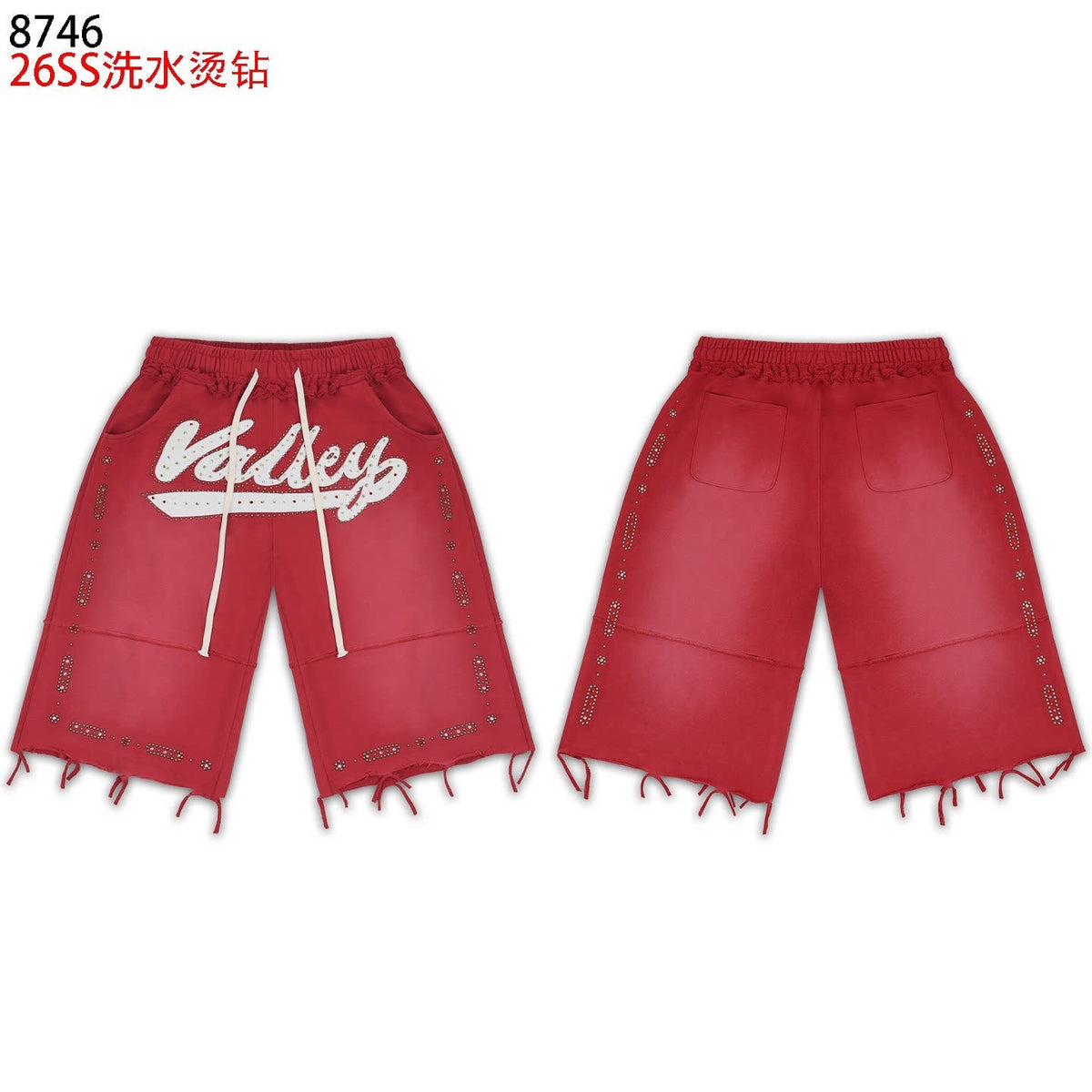 VALEFOREVER Red Washed Rhinestone Shorts with Script Logo & Fringe Hem