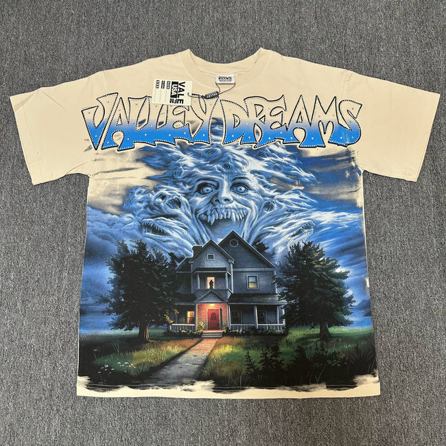 VALEFOREVER Cream Haunted House Ghost Vintage Horror Graphic Short Sleeve T-Shirt Hover Image