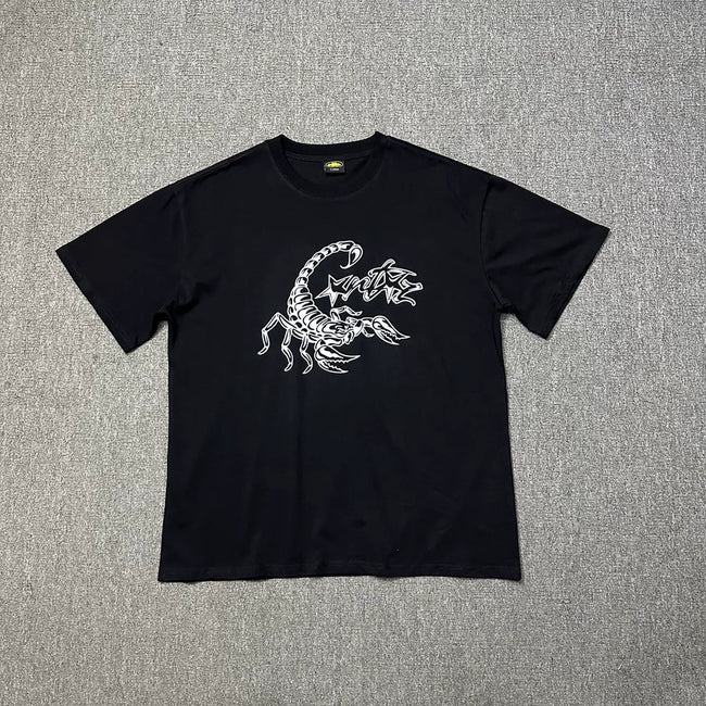 Corteiz Scorpion Graphic Black T-Shirt — Bold White Scorpion Print on Classic Streetwear Tee Hover Image