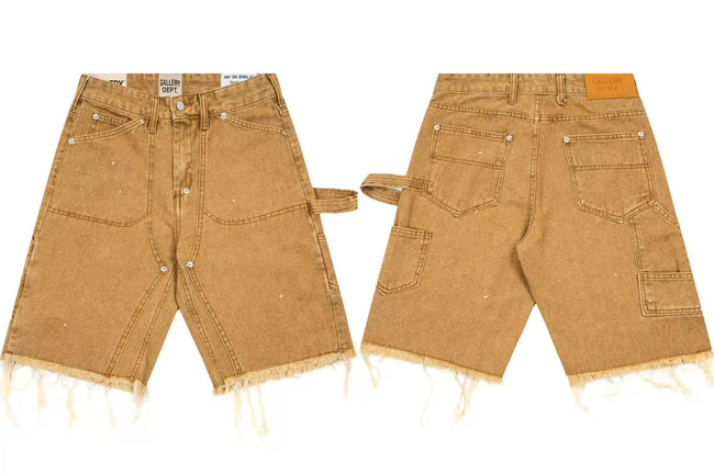 Gallery Dept. Cargo-Style Raw-Edge Denim Shorts - Khaki Hover Image