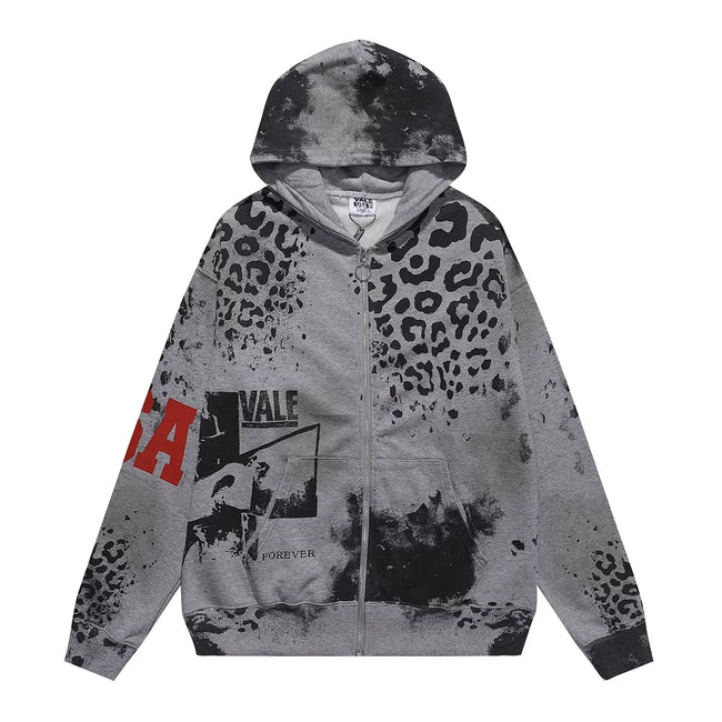 VALEFOREVER Grey Leopard Print Vintage Zip Up Hoodie Hover Image