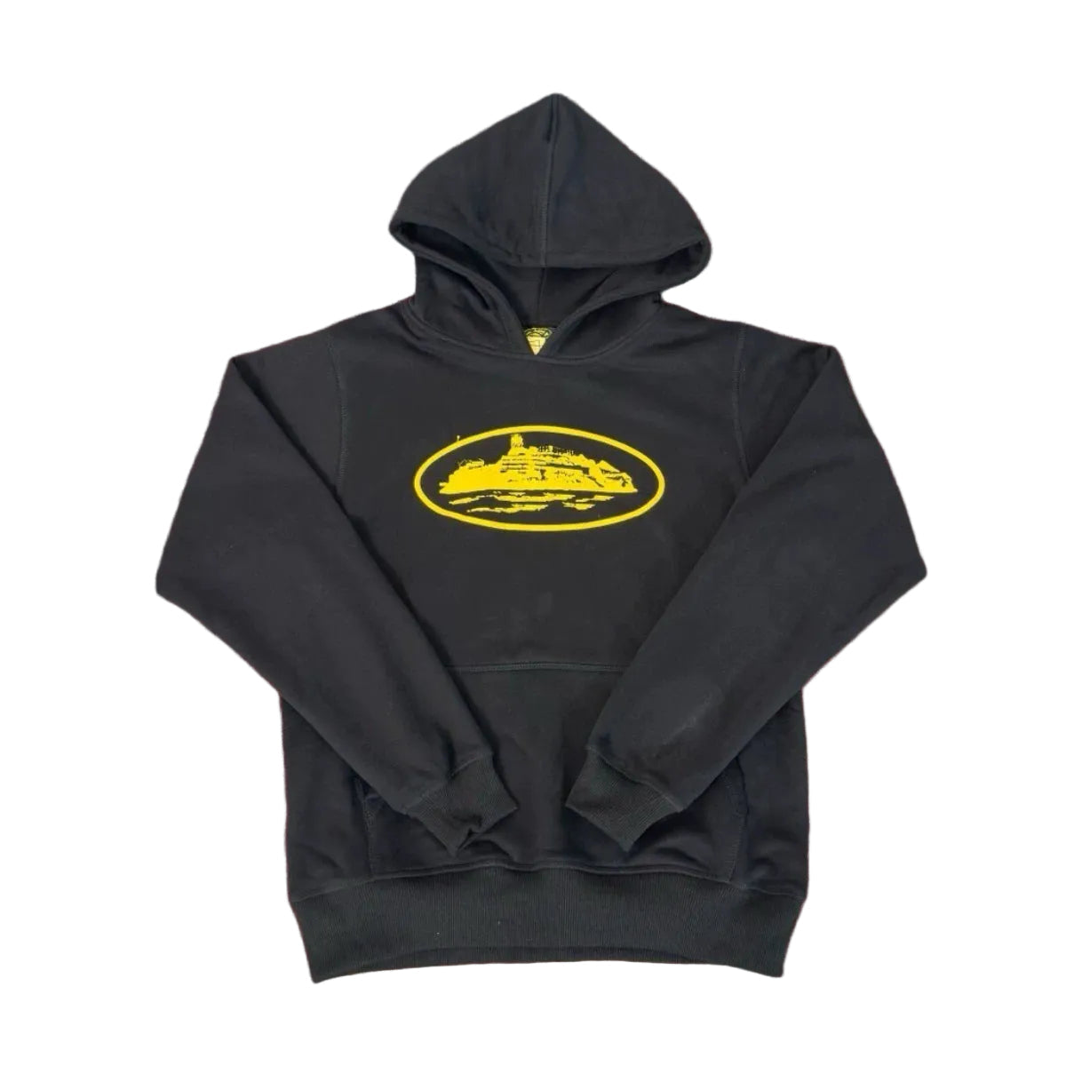 Corteiz Alcatraz Black Hoodie — Signature Yellow Oval Logo on Classic Streetwear Pullover