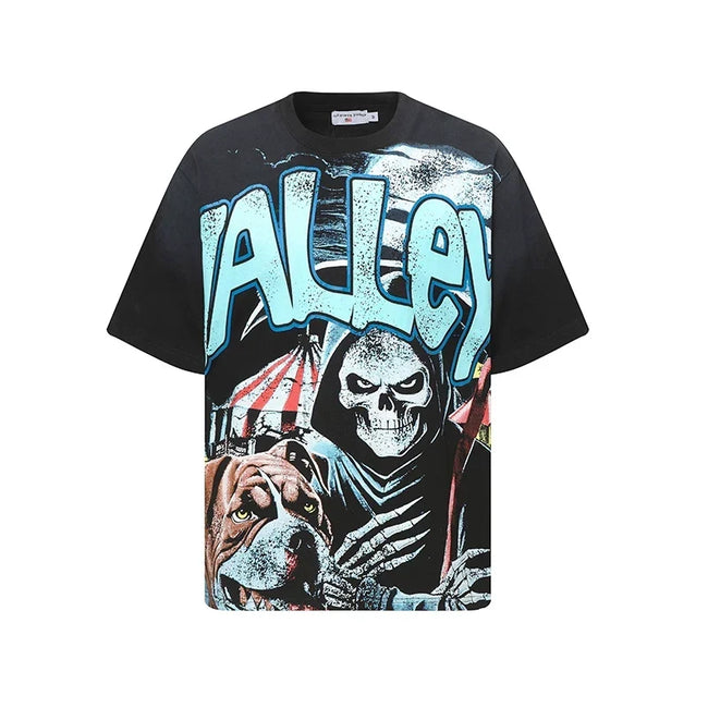 Valleydream Black Skull Circus Vintage Graphic T-Shirt Hover Image