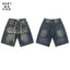 VALEFOREVER Vintage Blue Wash Denim Shorts Graffiti Rhinestone Letter Logo