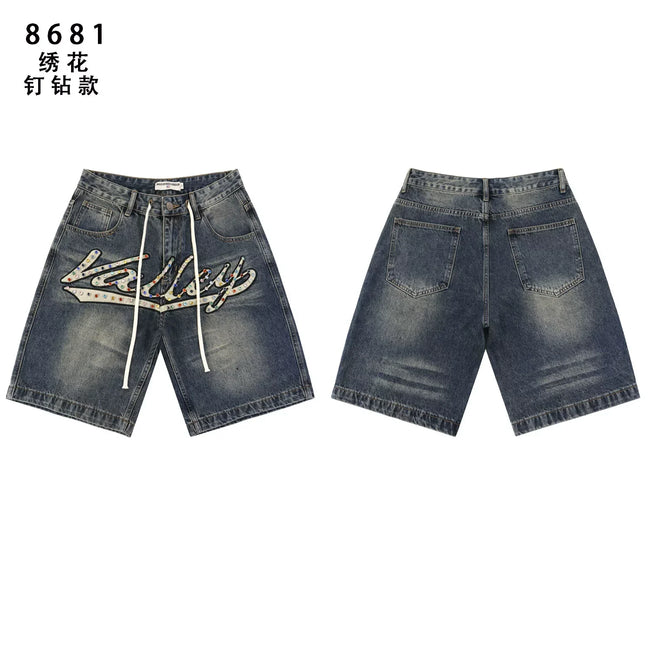 VALEFOREVER Vintage Blue Wash Denim Shorts Graffiti Rhinestone Letter Logo Hover Image