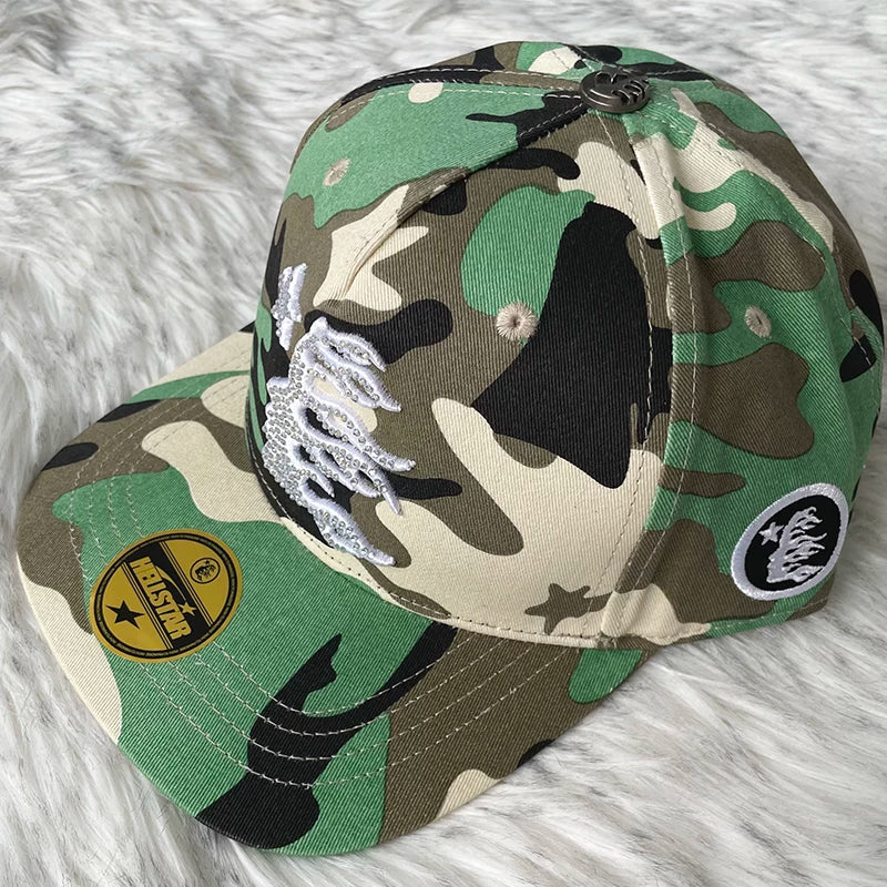 Hellstar Camo Silver Rhinestone Flame Flat Brim Cap
