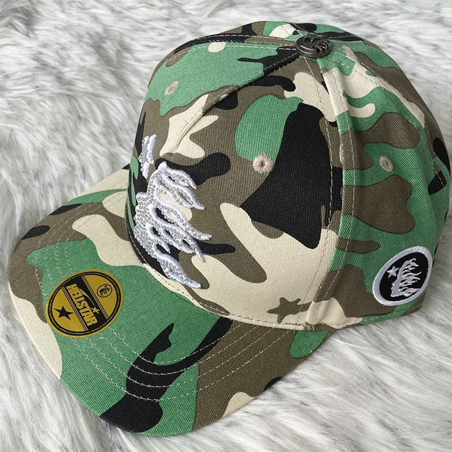 Hellstar Camo Silver Rhinestone Flame Flat Brim Cap Hover Image