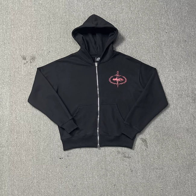 Black Zip-Up Hoodie | Streetwear Hoodie with Red Embroidered Logo Detail Hover Image