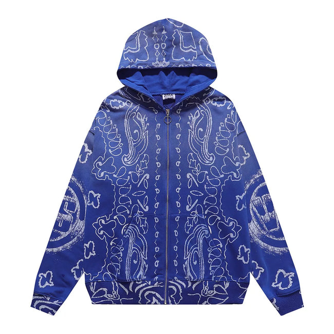 VALEFOREVER Blue Paisley Bandana Full Print Zip Up Hoodie Hover Image