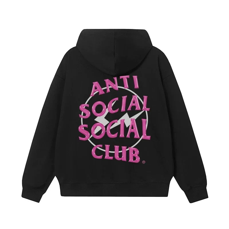 Anti Social Social Club Pink Lightning Circle Logo Hoodie - Black