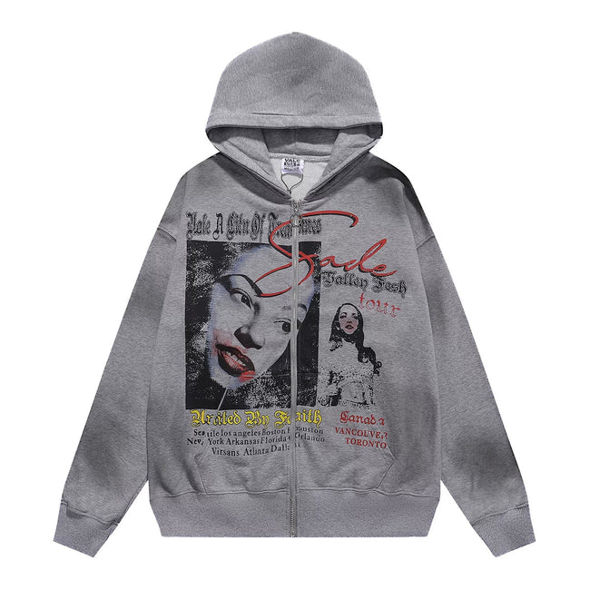 VALEFOREVER Grey Vintage Portrait Poster Zip Up Hoodie Hover Image