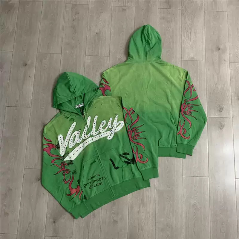 VALEFOREVER Green Gradient Valley Script Zip Up Hoodie