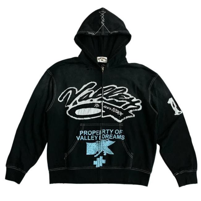 Valley Dreams Property‑Of Black Zip‑Up Hoodie, Unisex Vintage Streetwear Jacket Hover Image