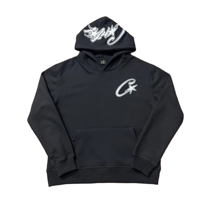 Black Script Logo Hoodie – Oversized Streetwear Pullover Sweatshirt Hover Image