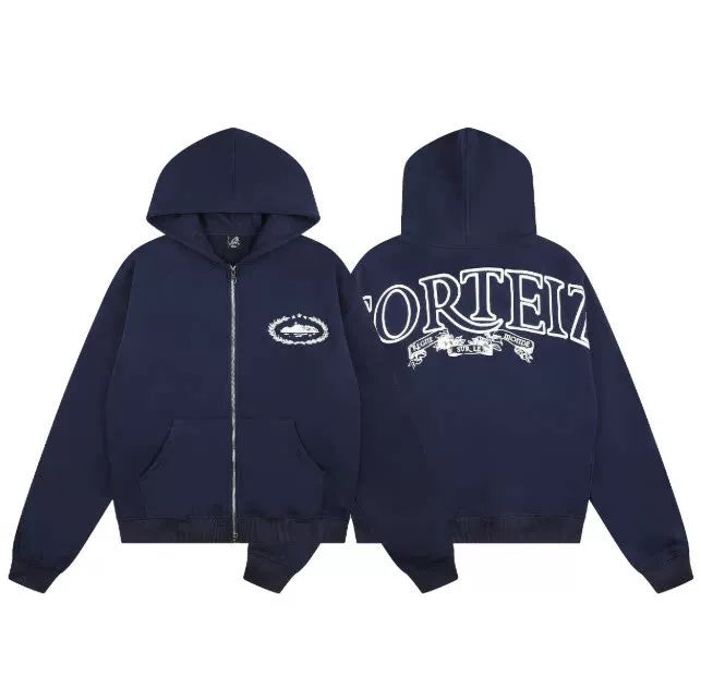 Navy Blue Graphic Zip-Up Hoodie | Streetwear Hoodie with Oversized Back Logo Design