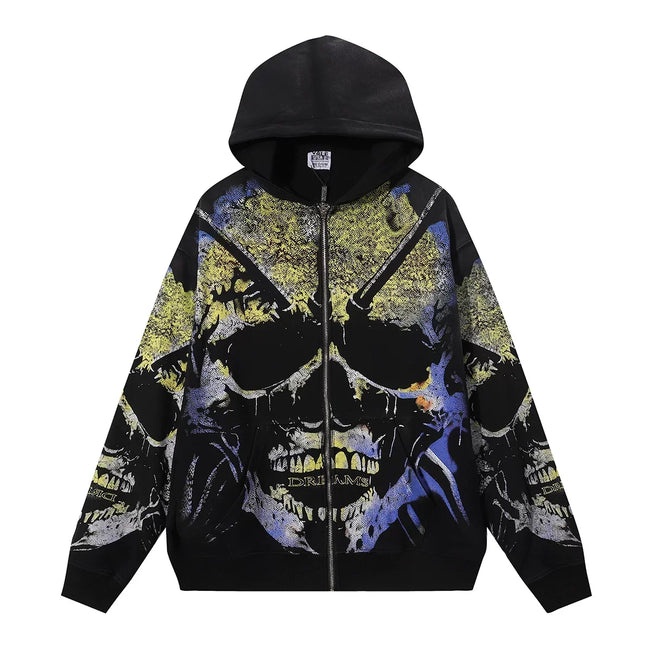 VALEFOREVER Black Full Print Skull Zip Up Hoodie Hover Image
