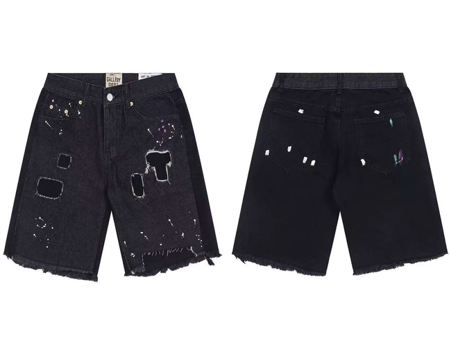 Gallery Dept. Patched Distressed Paint Splatter Denim Shorts - Black Hover Image