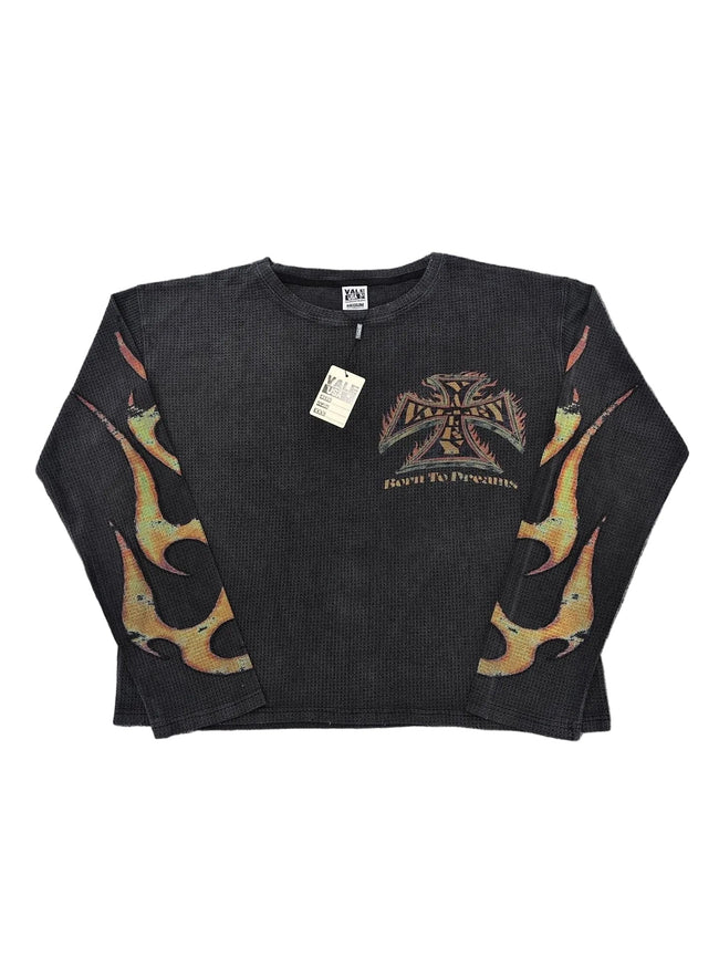 Vintage Flame Cross Print Waffle‑Knit Long‑Sleeve Top, Unisex Black Y2K Streetwear Shirt Hover Image