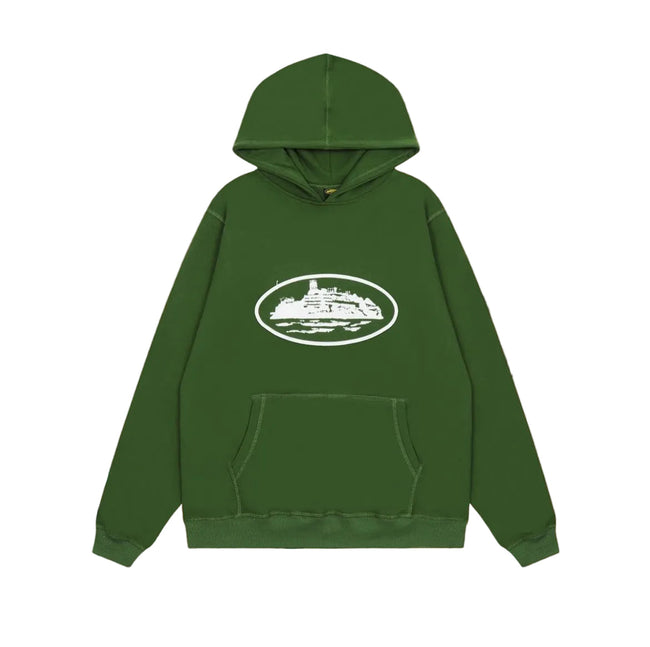 Forest Green Vintage Graphic Hoodie – Oversized Streetwear Pullover Hover Image