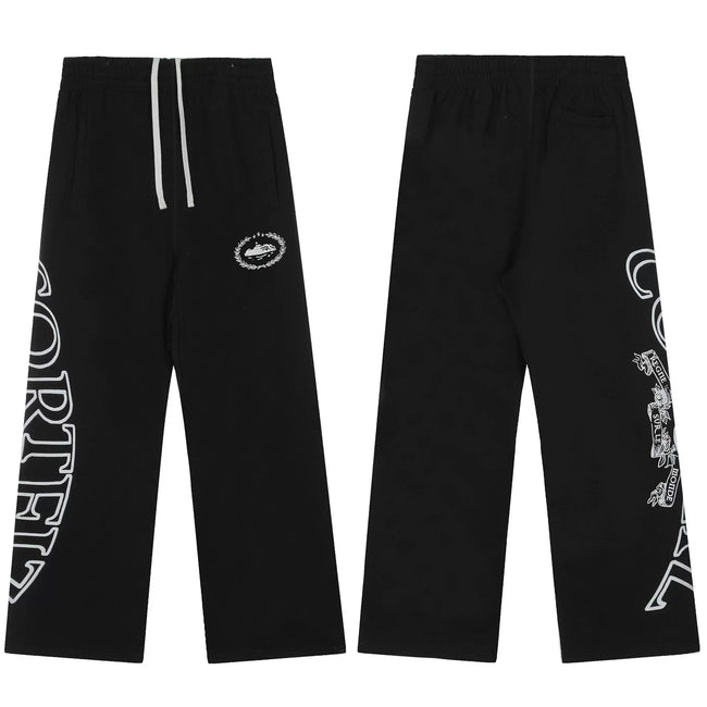 Black Graphic Straight-Leg Sweatpants | Urban Streetwear Pants with Side Print Detail Hover Image