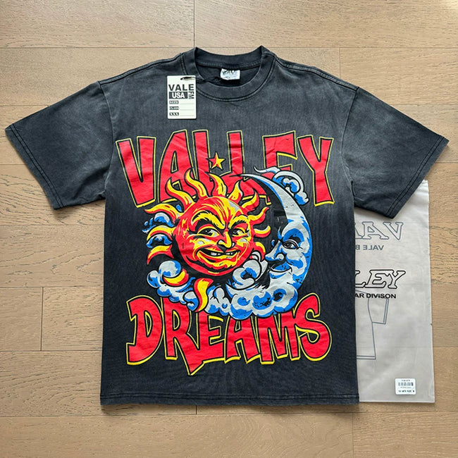 VALEFOREVER Black Washed Sun Moon Valley Dreams Retro Graphic Short Sleeve T-Shirt Hover Image