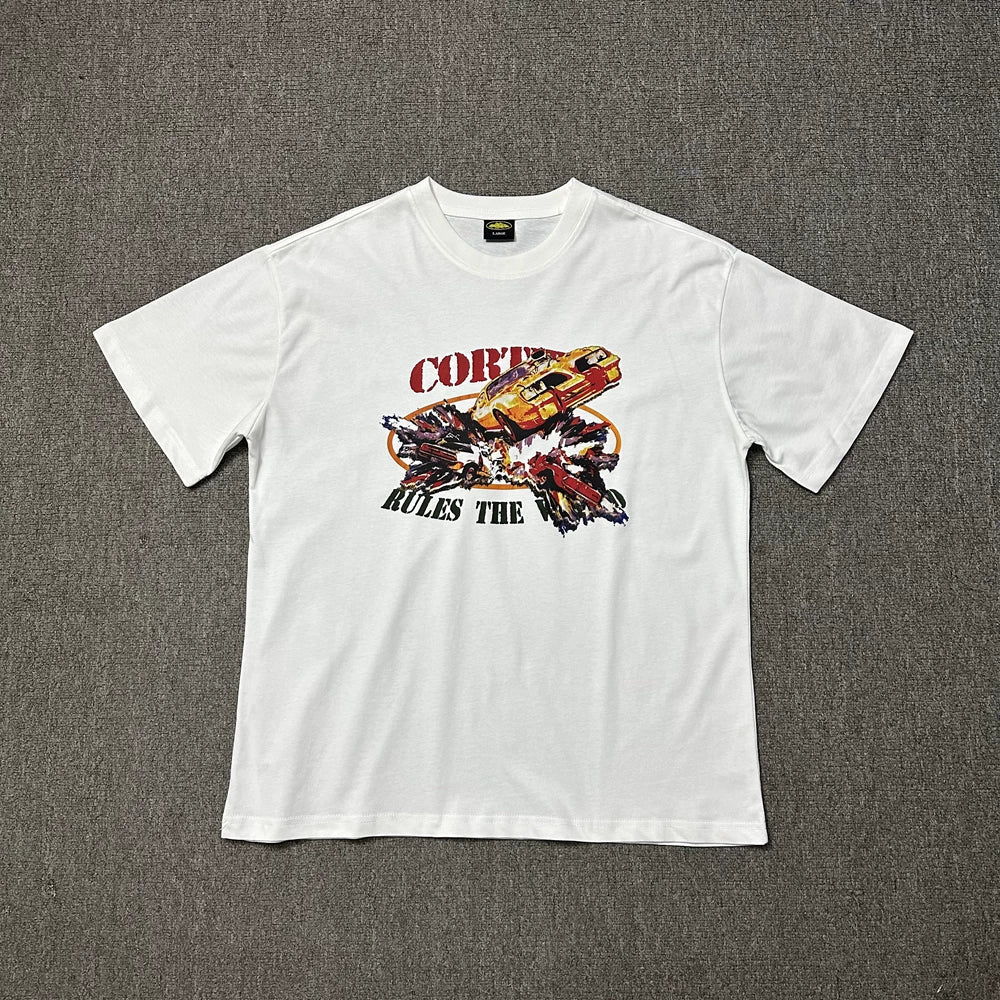 Corteiz “Rules The World” Racing Car Graphic White T-Shirt — Retro Automotive Print on Oversized Streetwear Tee