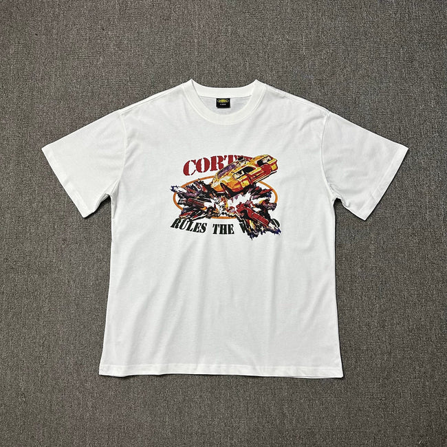Corteiz “Rules The World” Racing Car Graphic White T-Shirt — Retro Automotive Print on Oversized Streetwear Tee Hover Image