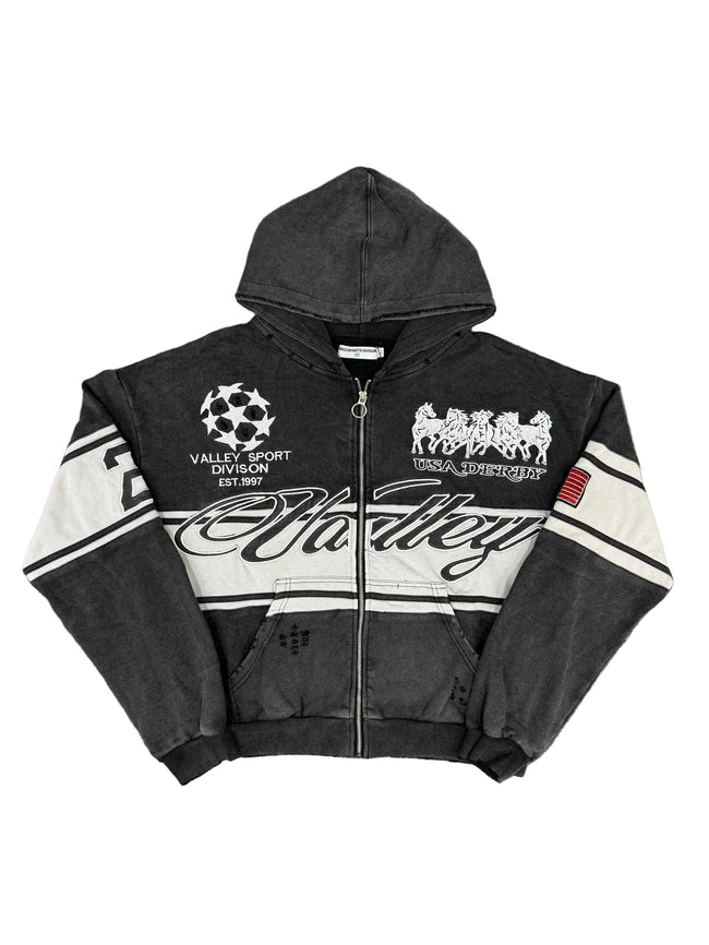 Valley Vintage Racing‑Style Zip‑Up Hoodie, Unisex Black Washed Streetwear Jacket Hover Image