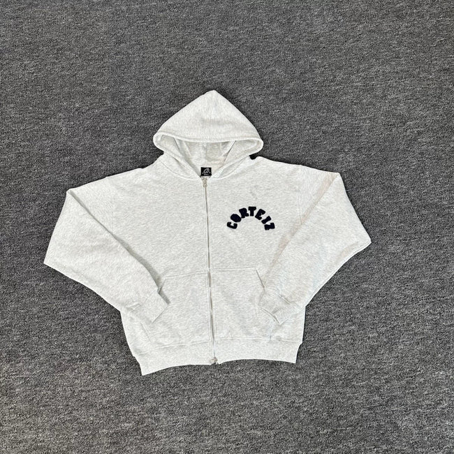 White Zip-Up Hoodie | Minimalist Streetwear Hoodie with Curved Logo Detail Hover Image
