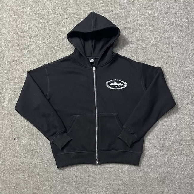 Black Zip-Up Hoodie | Minimalist Streetwear Hoodie with Embroidered Logo Detail Hover Image