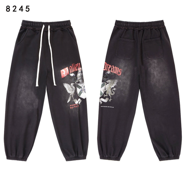 VALLEY Vintage Knight‑Dragon Graphic Jogger Sweatpants, Washed‑Black Unisex Streetwear Trousers Hover Image