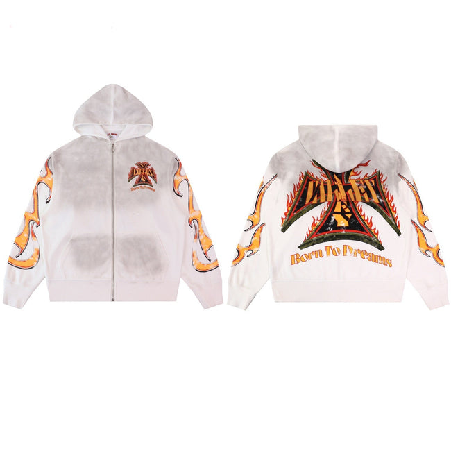 Valley Dreams Waffle‑Knit Flame Zip‑Up Hoodie, White Vintage Washed Full‑Back Print Oversized Streetwear Unisex Jacket Hover Image