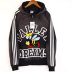 Valley Dreams Cartoon Bee Chenille Patch Pullover Hoodie, Black Vintage Distressed Striped‑Sleeve Streetwear Unisex Sweatshirt
