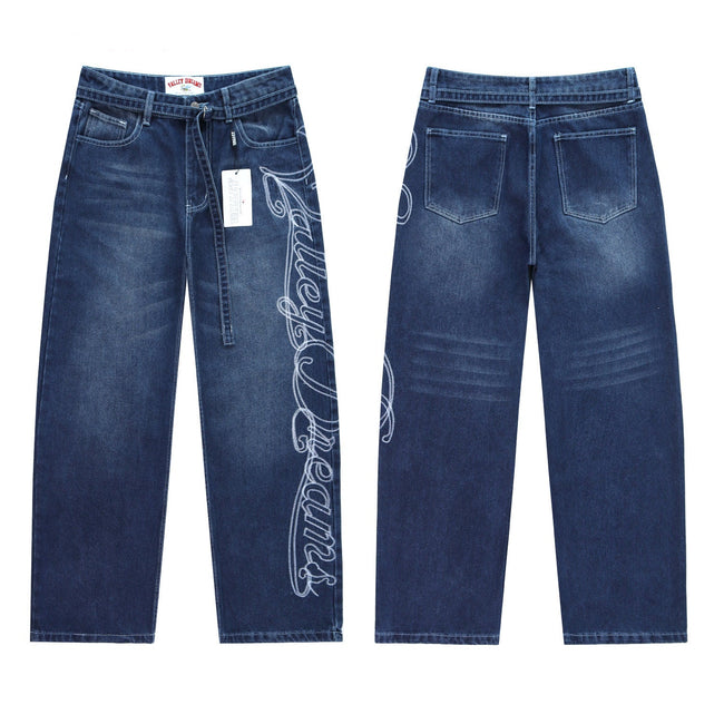 Valley Dreams Cursive‑Embroidered Baggy Jeans, Dark‑Blue Washed Unisex Wide‑Leg Streetwear Denim Pants Hover Image