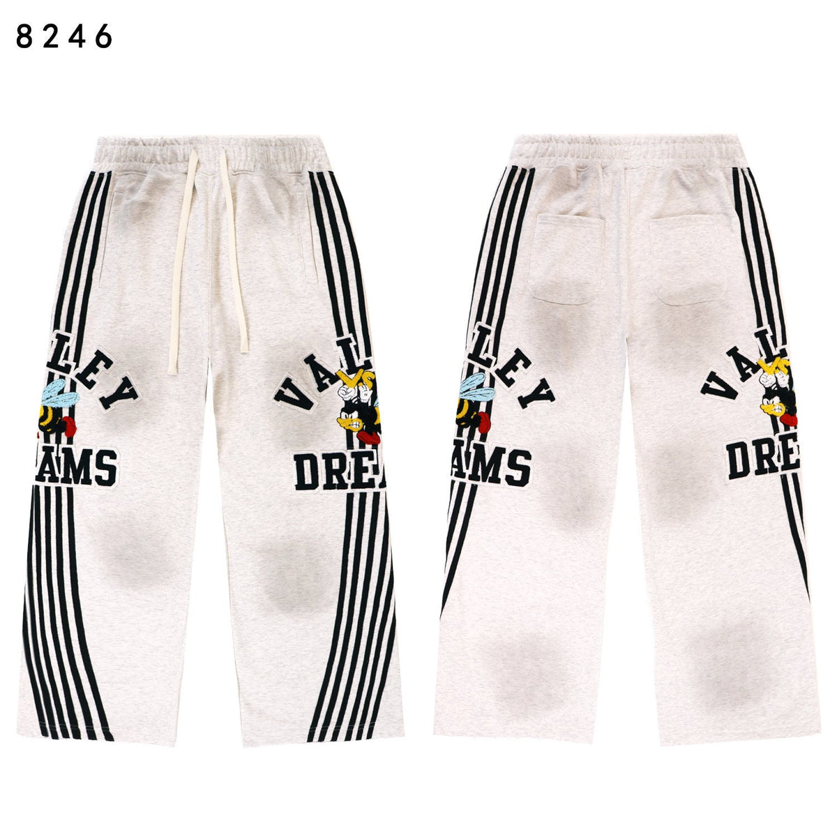 Valley Dreams Cartoon Bee Stripe‑Sleeve Wide‑Leg Sweatpants, Heather Grey Vintage Streetwear Unisex Trousers