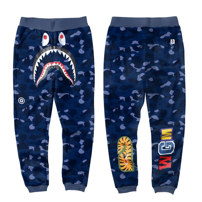 BAPE Navy Blue Camo Shark Face Graphic Jogger Pants Unisex Streetwear Sweatpants Hover Image