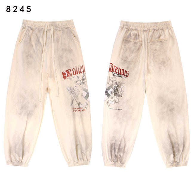 VALLEY Vintage Knight‑Dragon Graphic Jogger Sweatpants, Washed‑Off‑White Unisex Streetwear Trousers Hover Image