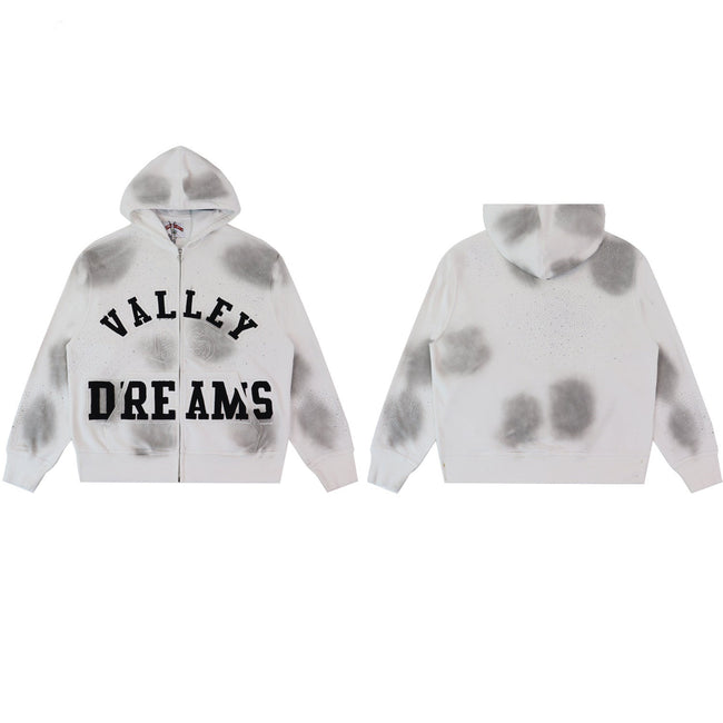 VALLEY White‑Grey Spot‑Wash Valley Dreams Zip‑Up Hoodie Unisex Oversized Jacket Hover Image