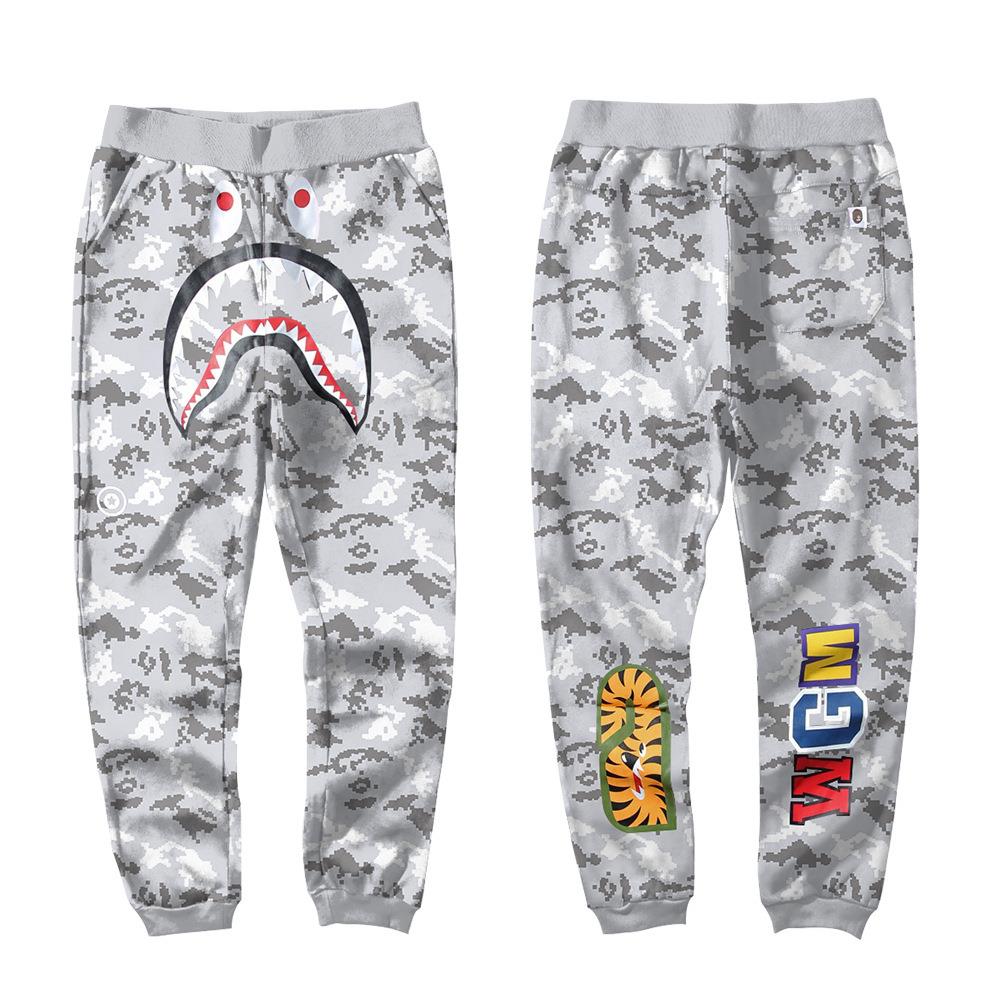 BAPE Silver Grey Camo Shark Face Graphic Jogger Pants Unisex Streetwear Sweatpants