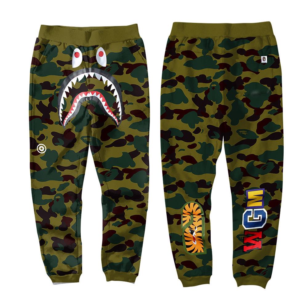 BAPE Army Green Camo Shark Face Graphic Jogger Pants Unisex Streetwear Sweatpants