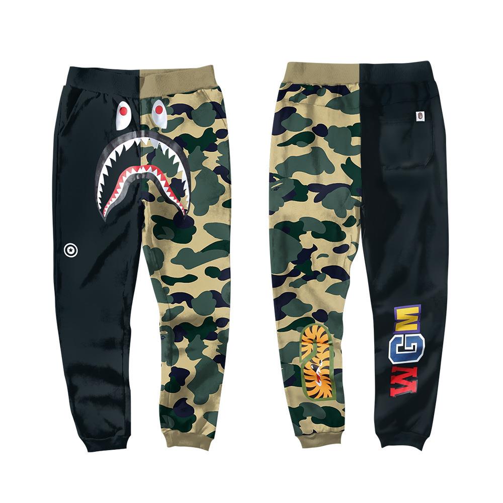 BAPE Black Khaki Split Camo Shark Face Graphic Jogger Pants Unisex Streetwear Sweatpants