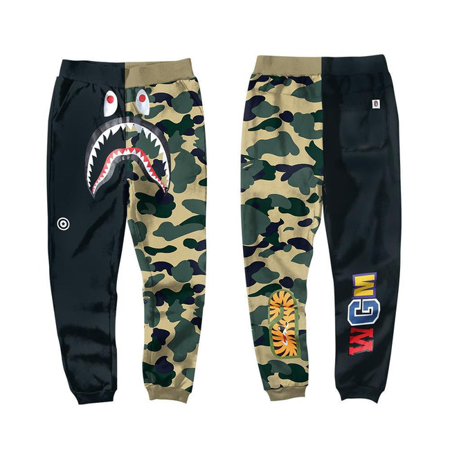 BAPE Black Khaki Split Camo Shark Face Graphic Jogger Pants Unisex Streetwear Sweatpants Hover Image