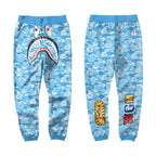 BAPE Sky Blue Camo Shark Face Graphic Jogger Pants Unisex Streetwear Sweatpants